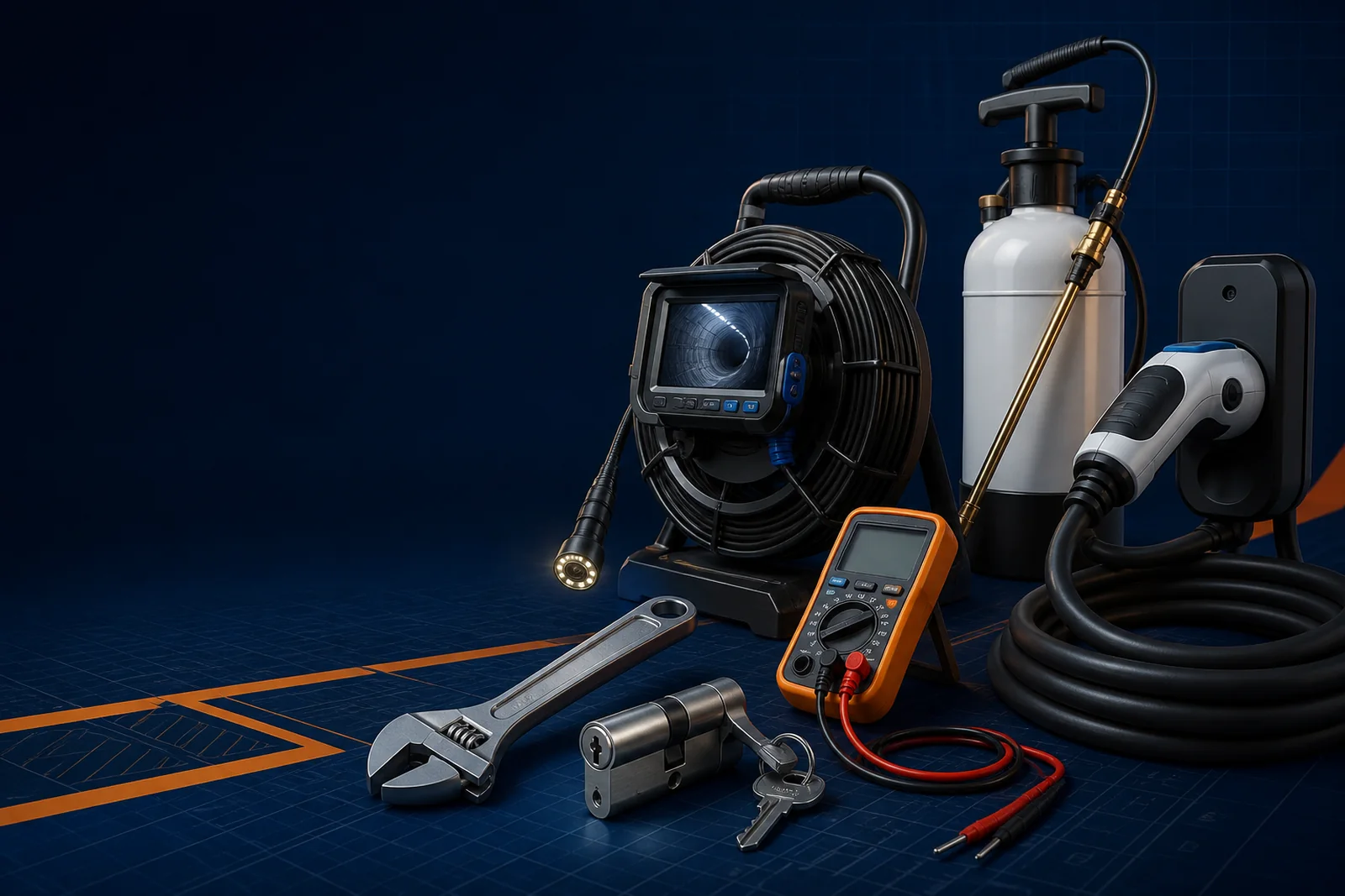 Equipo técnico para inspección de tuberías, fontanería, electricidad, cerrajería, control de plagas y recarga eléctrica